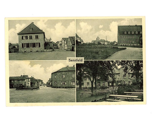 Neues Pfarrhaus (die neue Kirche war noch nicht gebaut) / Schule / Plan mit zerstörtem Kriegerdenkmal 1914 – 18 / Bad Sennfeld um 1955