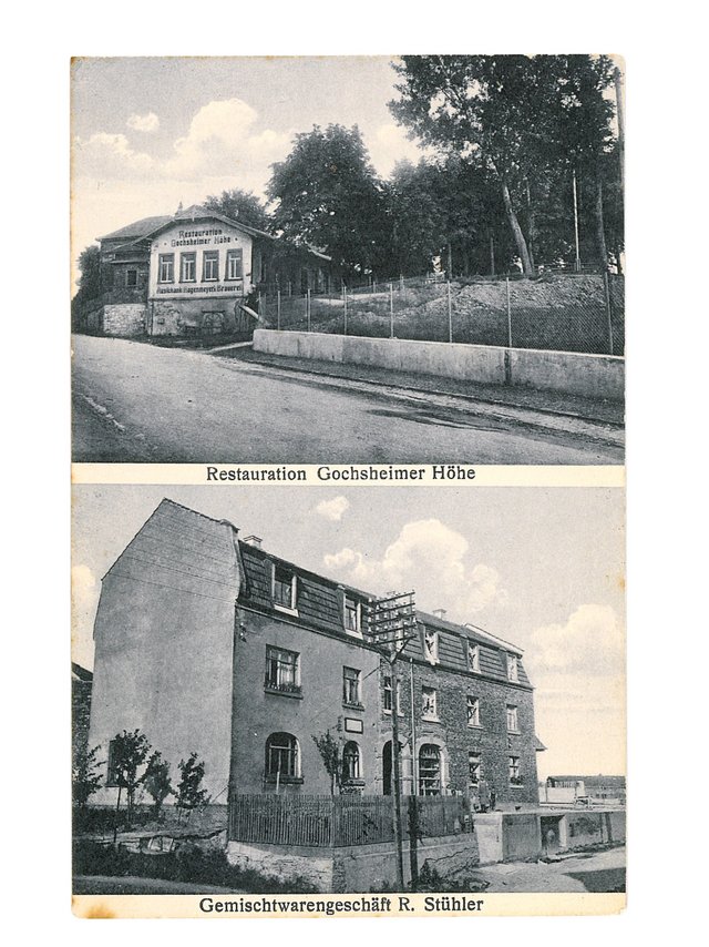 Gaststätte Gochsheimer Höhe und Gemischtwarengeschäft Rudolf Stühler (gegenüber der Gaststätte) um 1930
